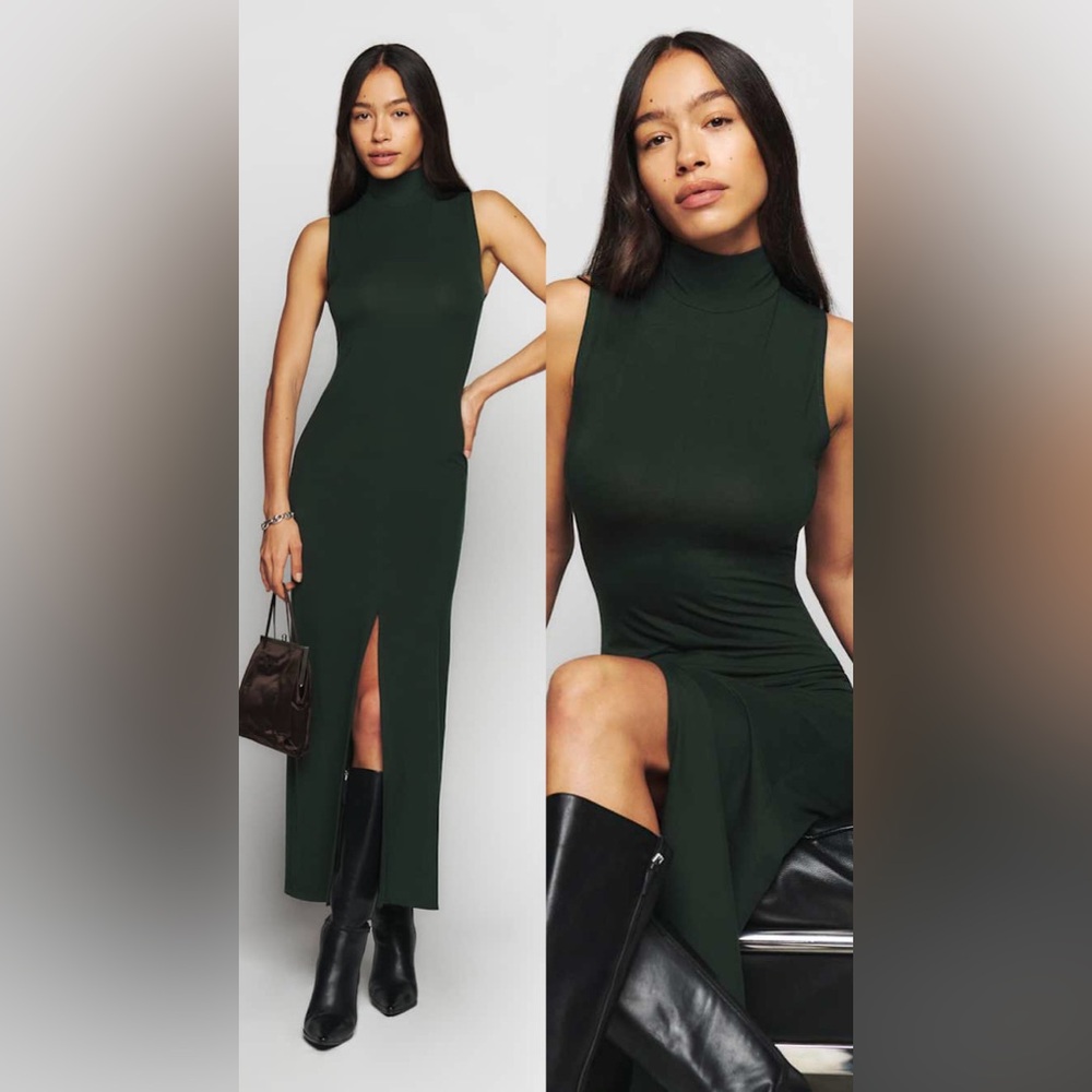 Reformation Axton Knit Maxi Dress Green Sleeveless Turtleneck Front Slit Sz L